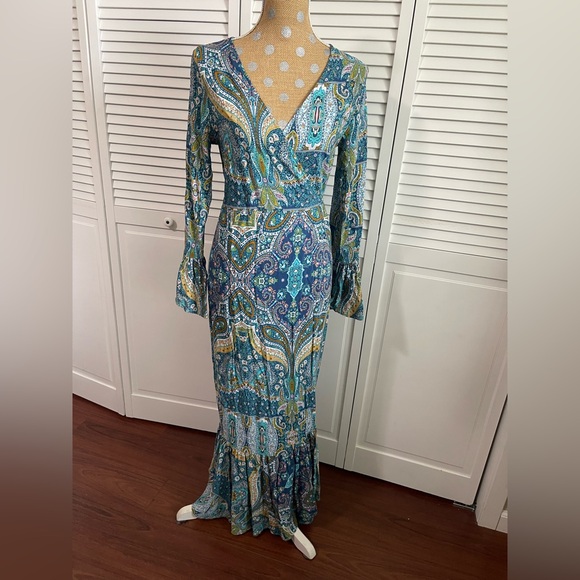 R. Vivimos Maxi Wrap Dress Blue Aqua Boho Printed Ruffle Long Sleeve - Picture 3 of 9